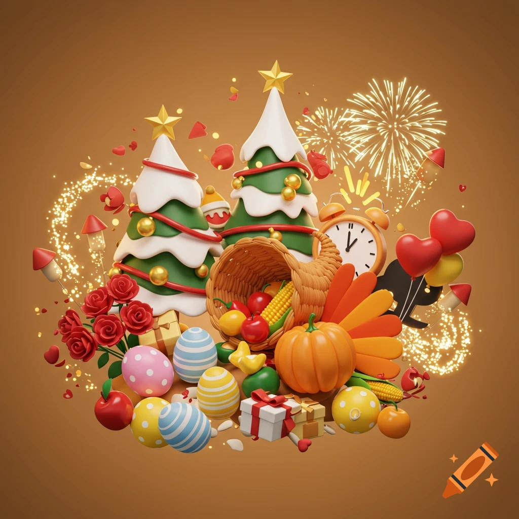A vibrant 3D animated illustration of various holiday symbols piled together, including Christmas trees, a cornucopia, Easter eggs, fireworks, and an alarm clock, set against a warm brown background.