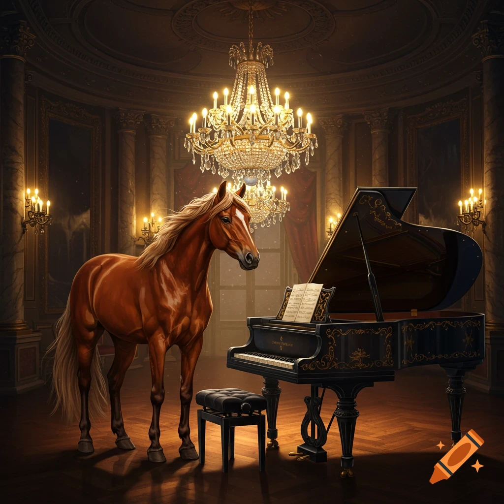 A brown horse stands next to a grand piano and stool in a lavish, richly decorated room with large chandeliers and warm lighting, rendered in a realistic style.