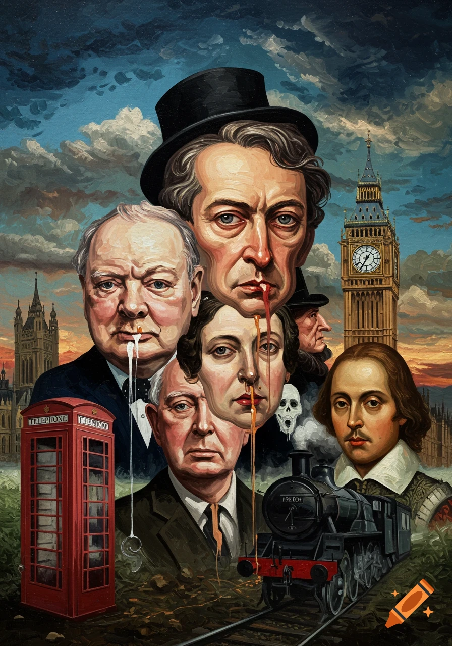 Surreal oil painting of British figures like Churchill and Shakespeare with Big Ben and a red phone booth, featuring artistic drips.
