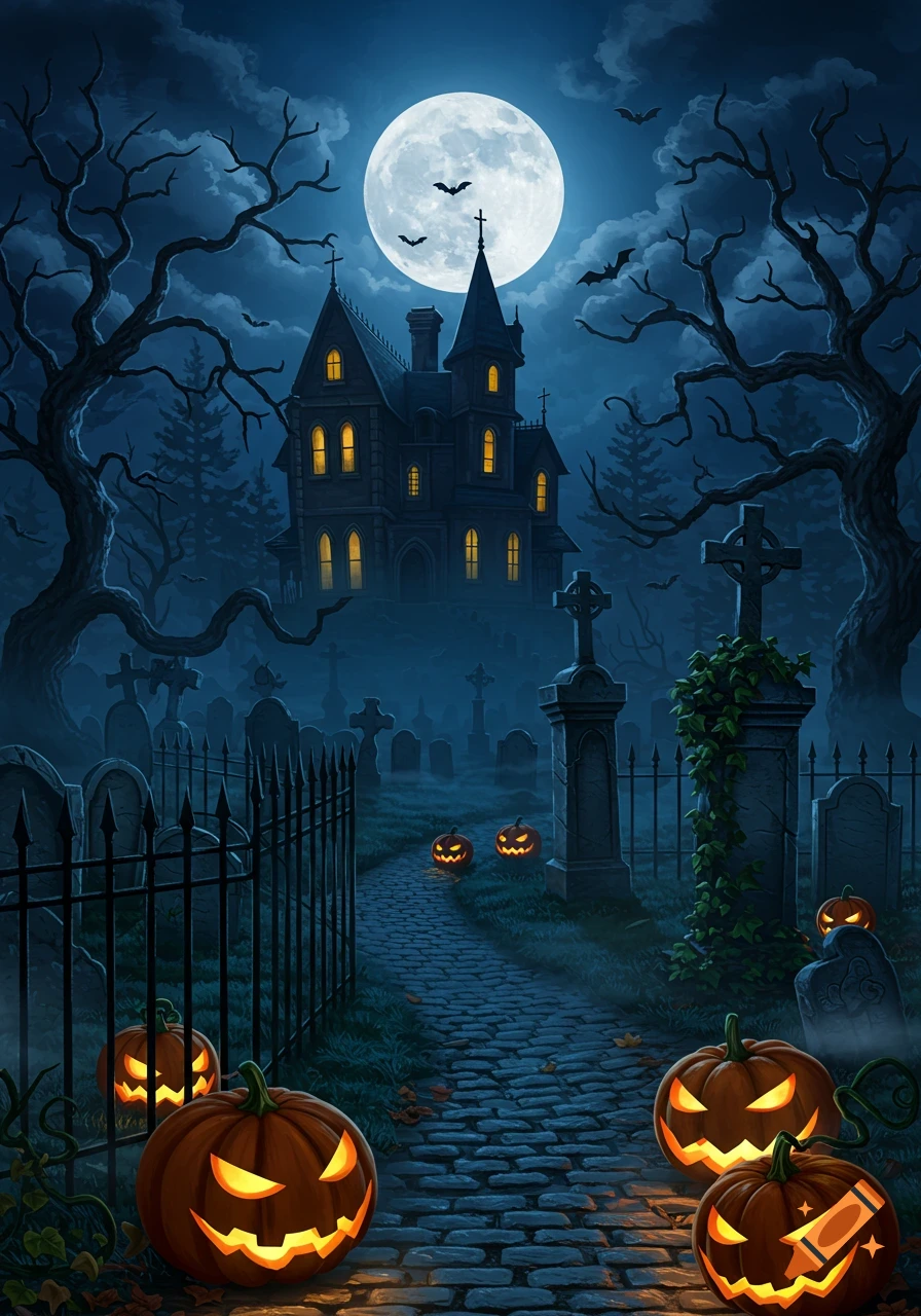 A spooky Halloween night scene with a full moon over a haunted mansion and a cobblestone path lined with glowing jack-o'-lanterns leading through a misty graveyard.
