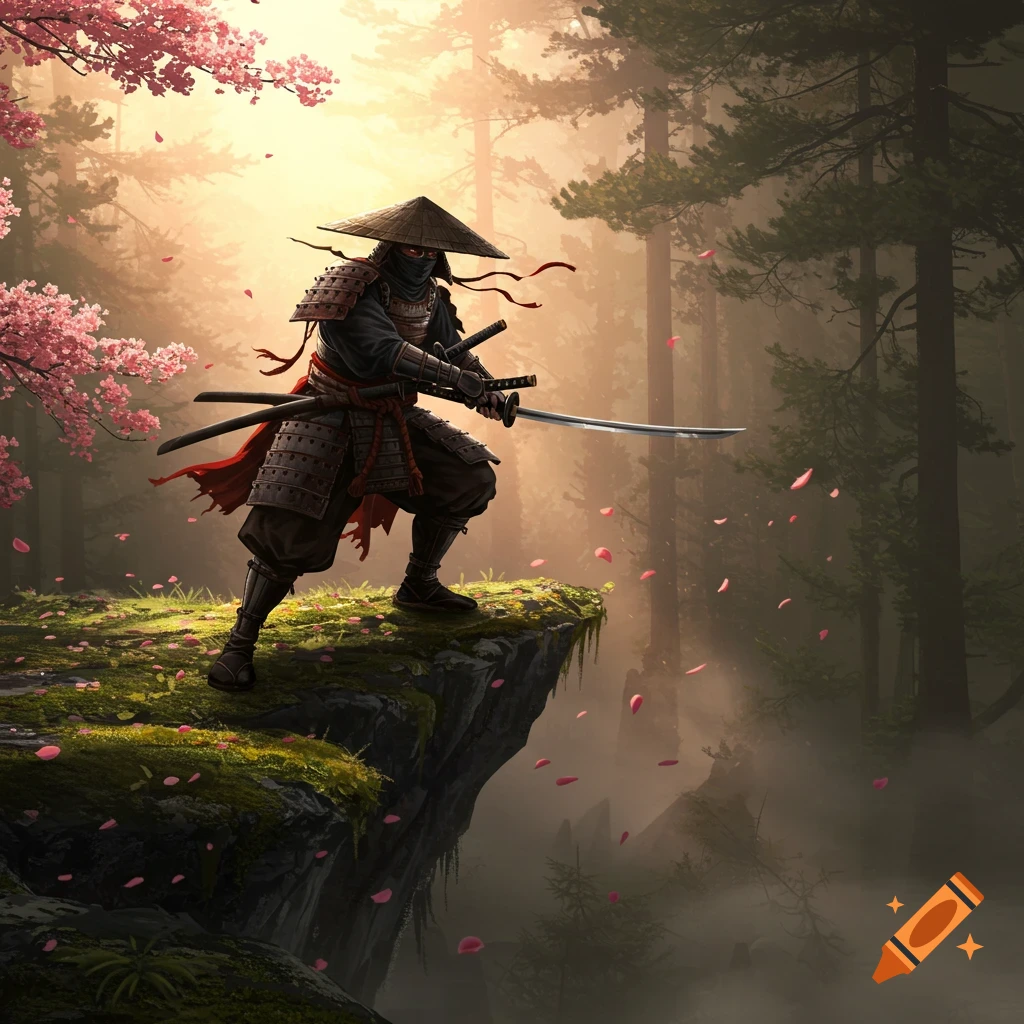 A hooded samurai in full armor, wielding two swords, stands on a mossy cliff edge overlooking a misty forest with cherry blossoms and falling petals.