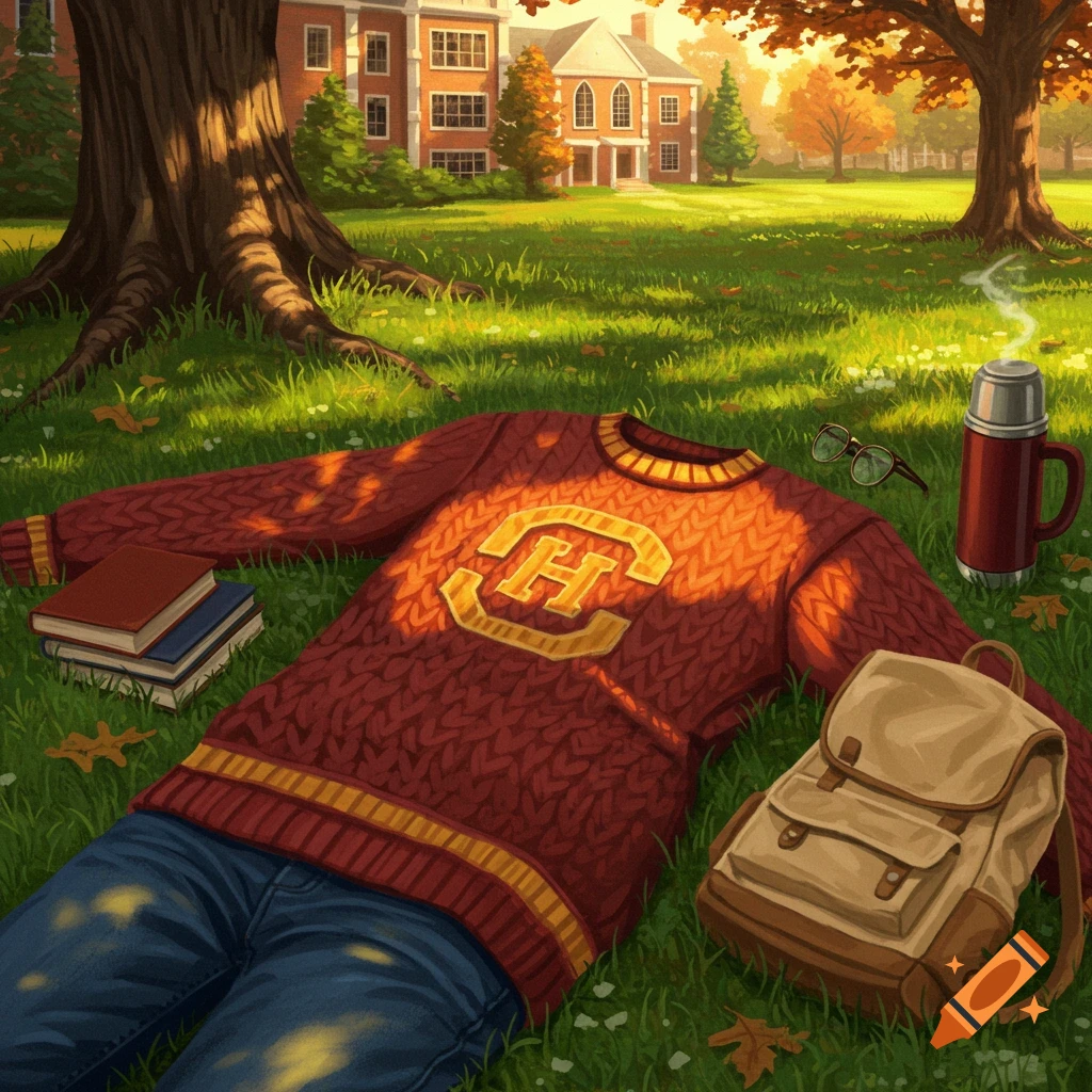 An illustrated college scene with a red sweater with an 'HC' emblem, jeans, books, a backpack, glasses, and a thermos on autumn grass in front of a campus building.