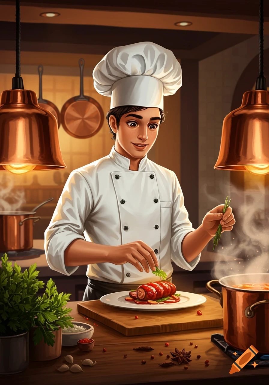 A young, drawn male chef in a kitchen, garnishing a plate of food with fresh herbs.