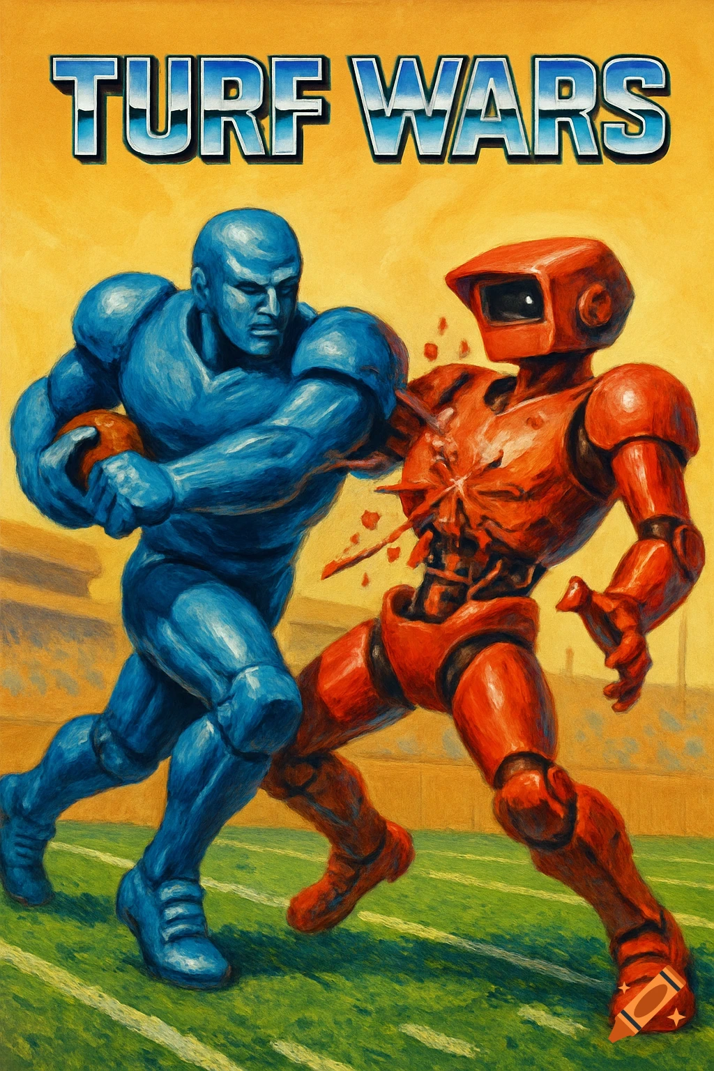 Retro painted art of a blue robot football player smashing a red robot on a green turf field, with "TURF WARS" text.