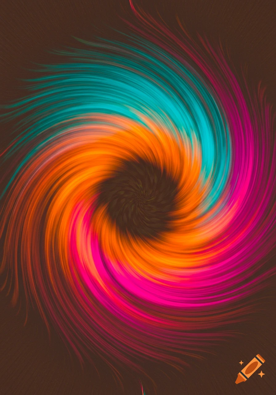A vibrant abstract spiral of teal, orange, and magenta lines converging into a dark center on a brown background.