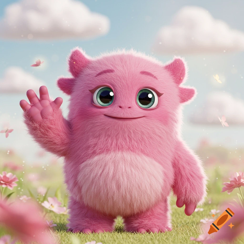 A fluffy pink cartoon monster with big green eyes waves in a field of flowers under a blue sky with clouds.
