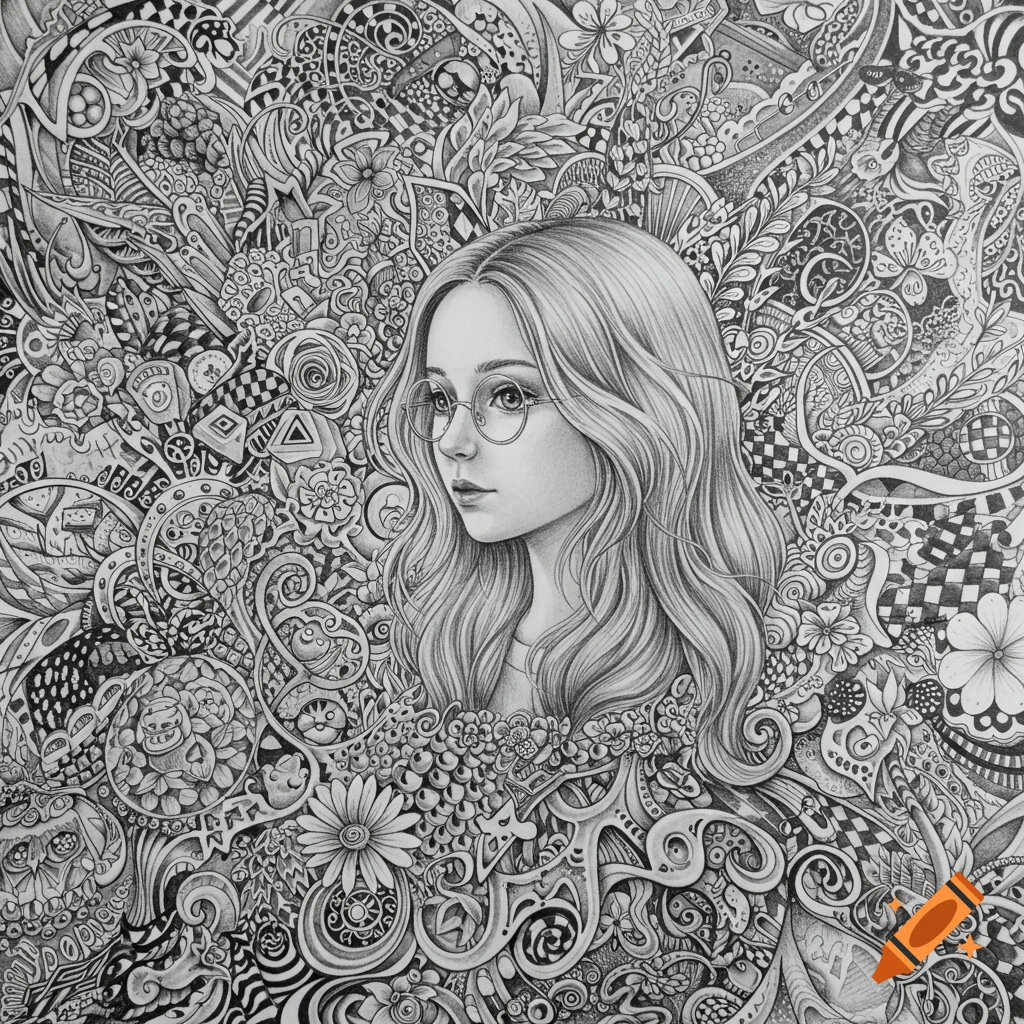 A detailed black and white pencil drawing of a girl with glasses and wavy hair, looking left, surrounded by intricate zentangle-like patterns.