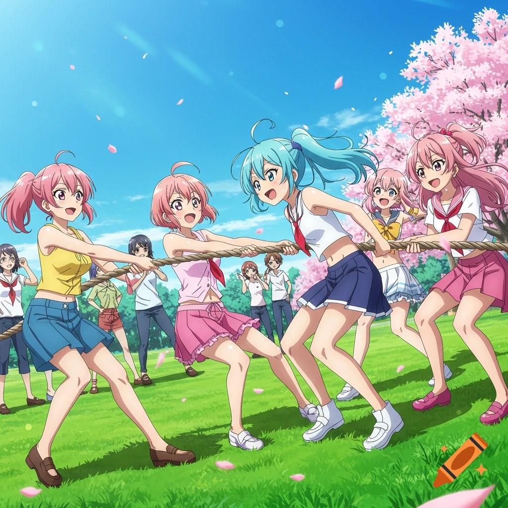Anime girls smiling and pulling a rope during a tug-of-war game on a grassy field under a cherry blossom tree with a blue sky.