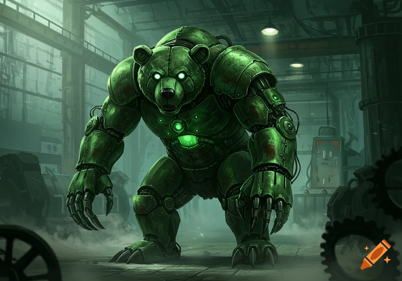 A powerful green robot bear with glowing white eyes and a green core stands in a misty, dark industrial factory.
