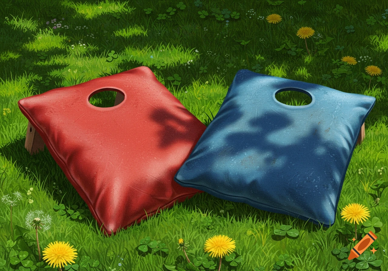Red and blue cornhole bags rest on a vibrant green lawn with dandelions, under dappled sunlight.