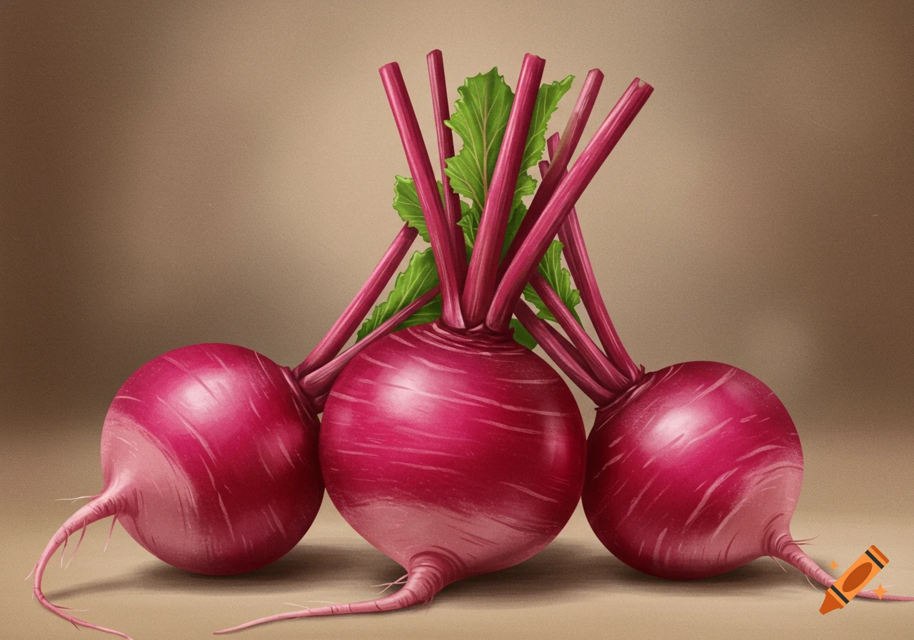 Three vibrantly red beets with green leaves and red stems sit on a light brown surface.