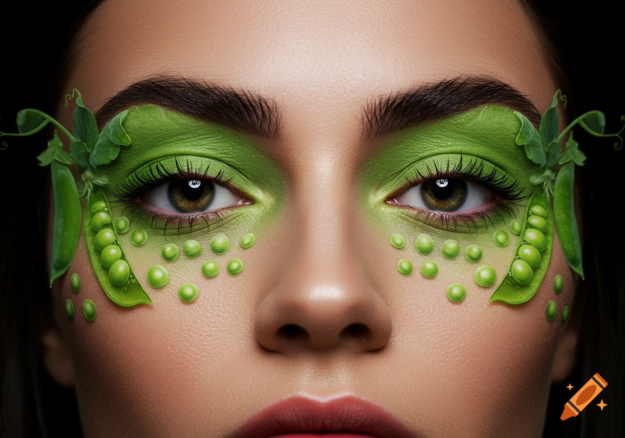 Close-up of a woman's face featuring vibrant green eyeshadow and creative makeup with realistic green peas around her eyes.
