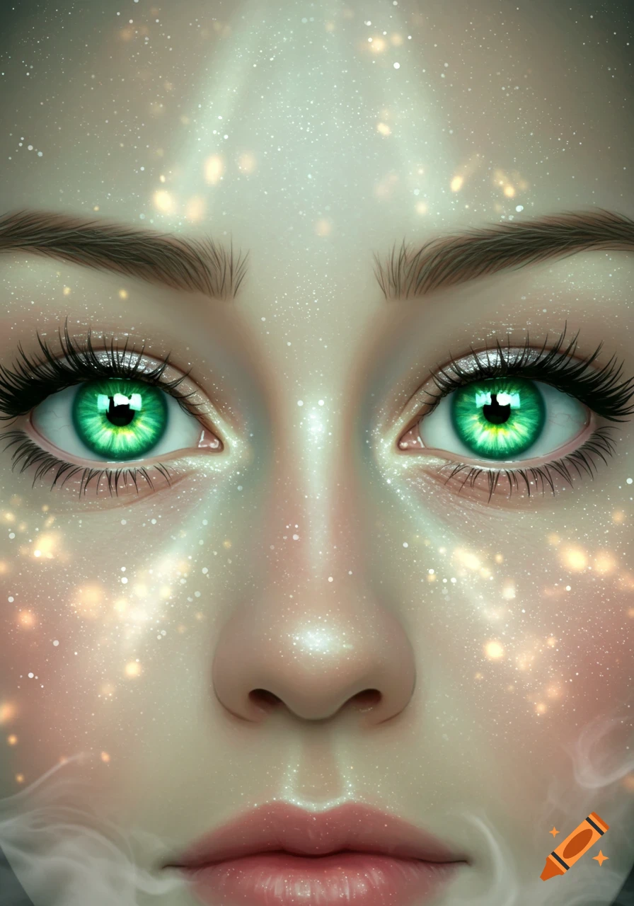 Close-up of a woman's face with intense emerald green eyes and sparkling, ethereal light effects on her skin.