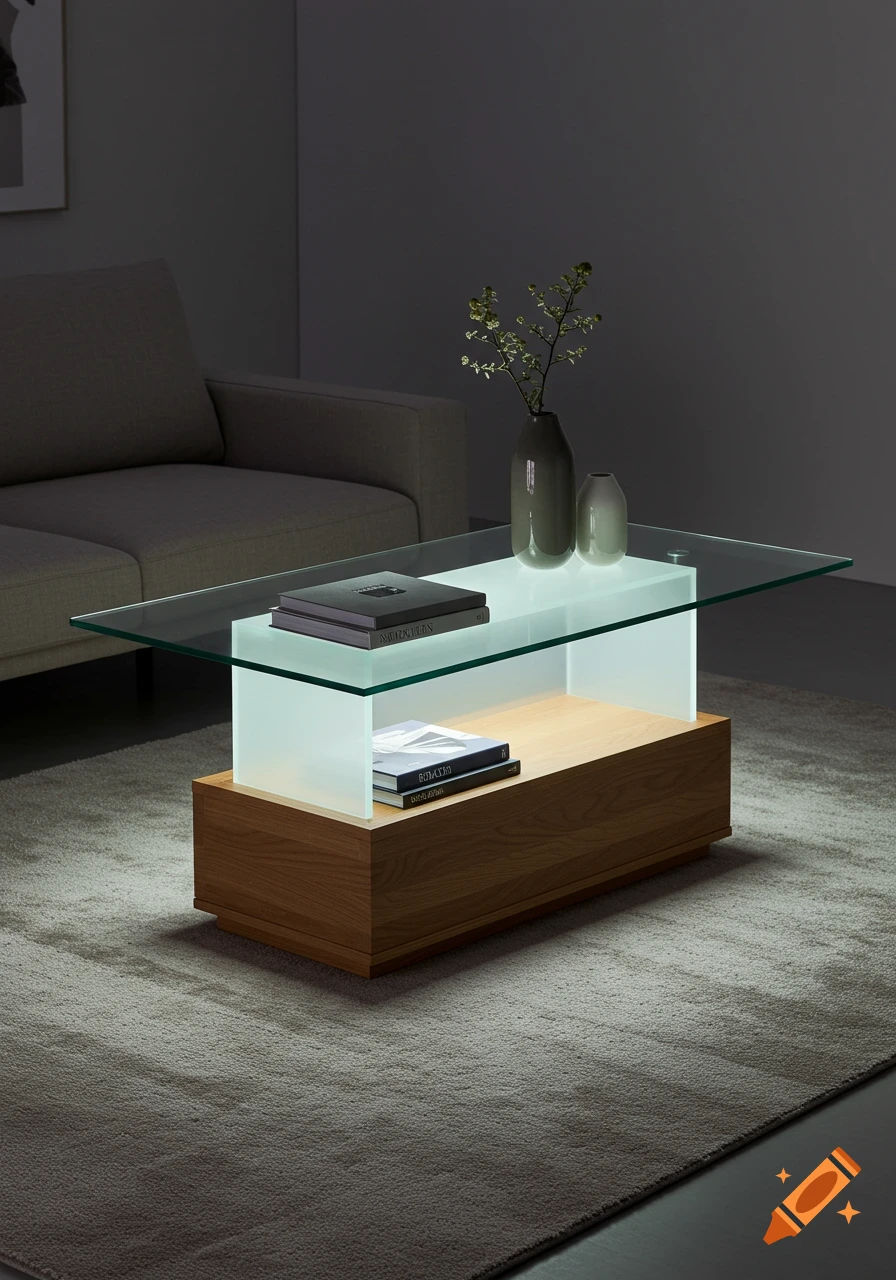 Photorealistic image of a modern coffee table with a wood base and a glass top. Books and decorative vases sit on the glowing glass surface.