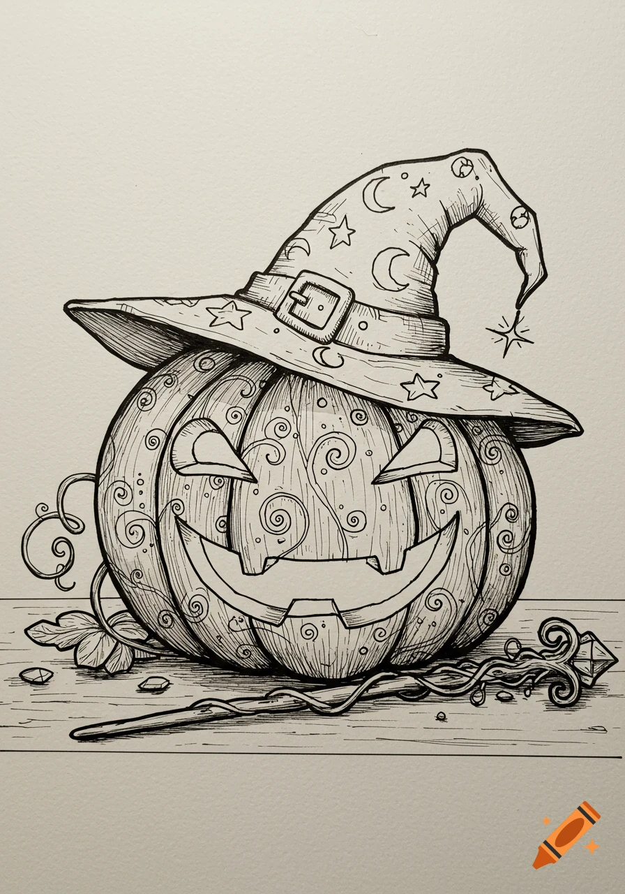 Line drawing of a carved Halloween pumpkin wearing a witch hat, with a ...