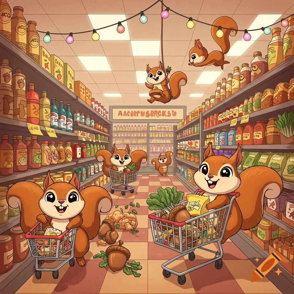 Smiling cartoony squirrels shop in a bright supermarket aisle, pushing carts full of acorns and produce under festive string lights.