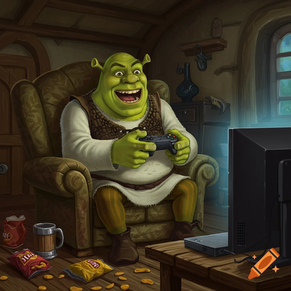 Shrek, the green ogre, sits in an armchair, laughing joyfully while playing a video game on a console, surrounded by chip bags.