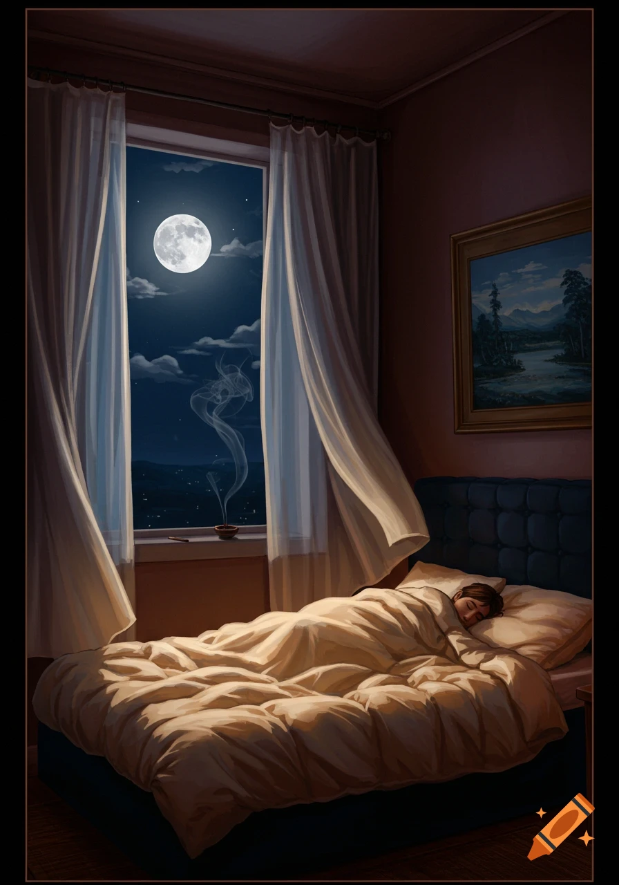 A person sleeps peacefully in a bed in a moonlit bedroom, with curtains blowing gently from an open window.