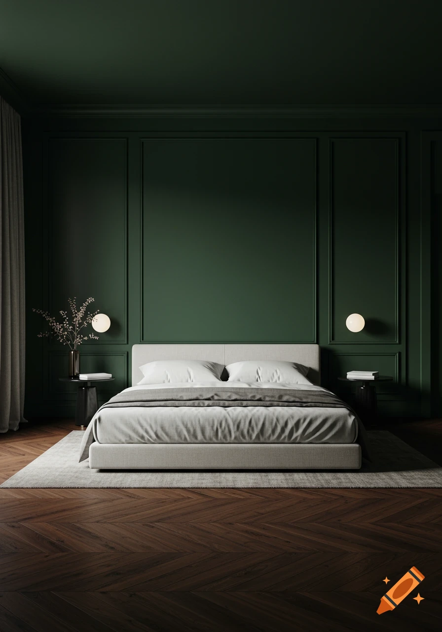 Modern master bedroom with dark green paneled walls, a white bed, grey ...