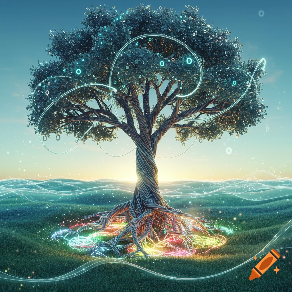 A mystical tree with glowing roots and branches intertwined with light, standing in a grassy field at sunrise, digital art.