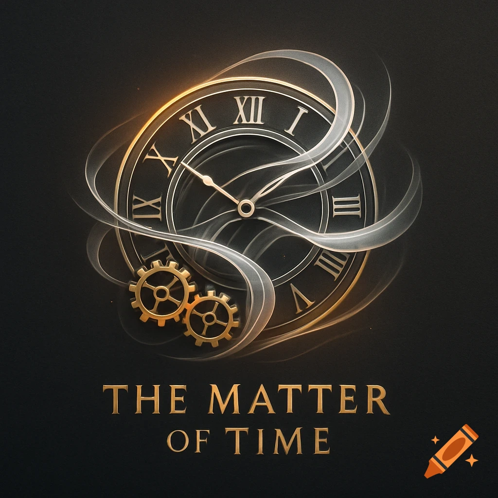 A stylized golden and silver clock face with Roman numerals and gears, surrounded by glowing ribbons, above the text "THE MATTER OF TIME" on a dark background.