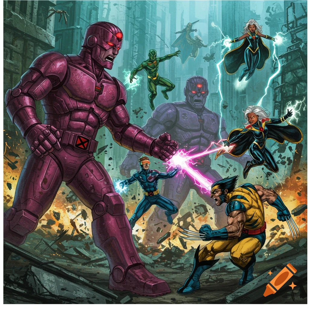 Comic book art depicts X-Men Wolverine, Cyclops, and Storm battling giant purple Sentinels in a destroyed city.