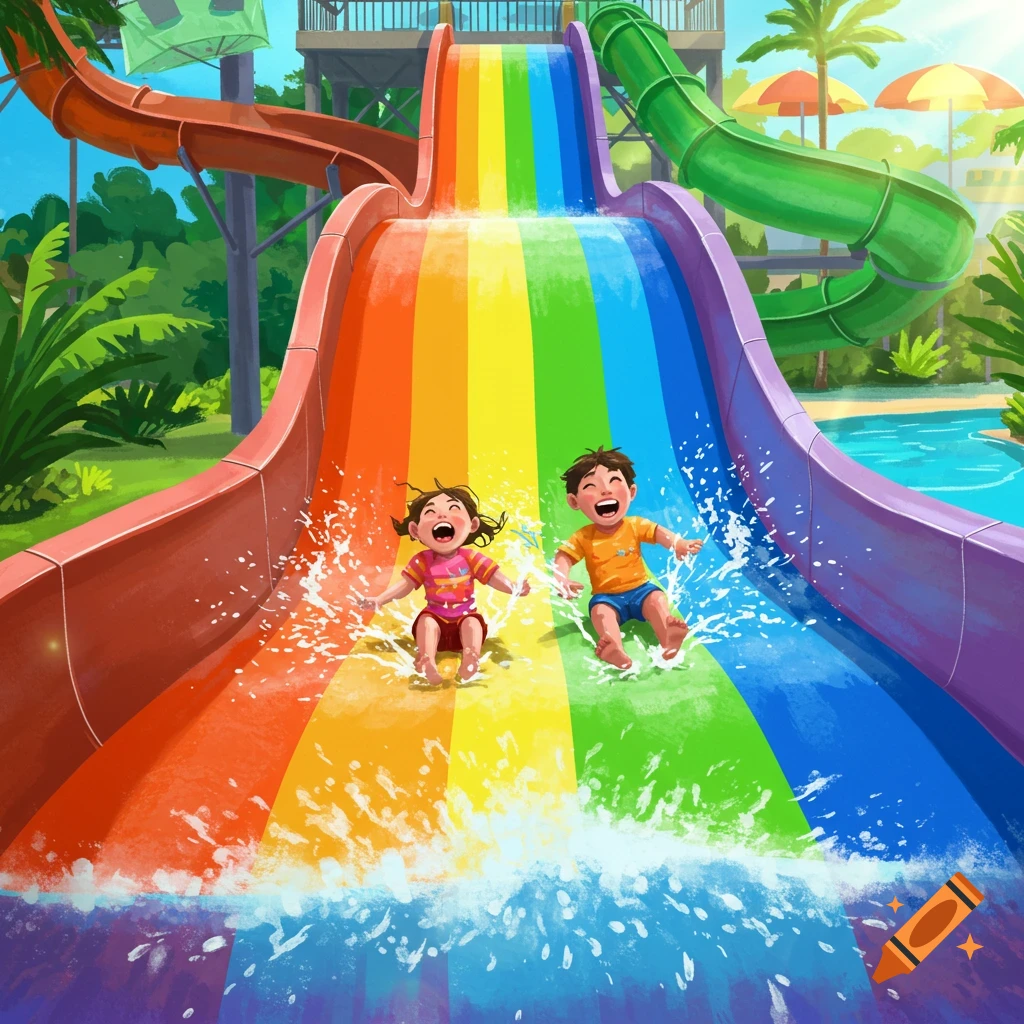 Two happy children slide down a colorful rainbow waterslide with water splashing in an illustration.