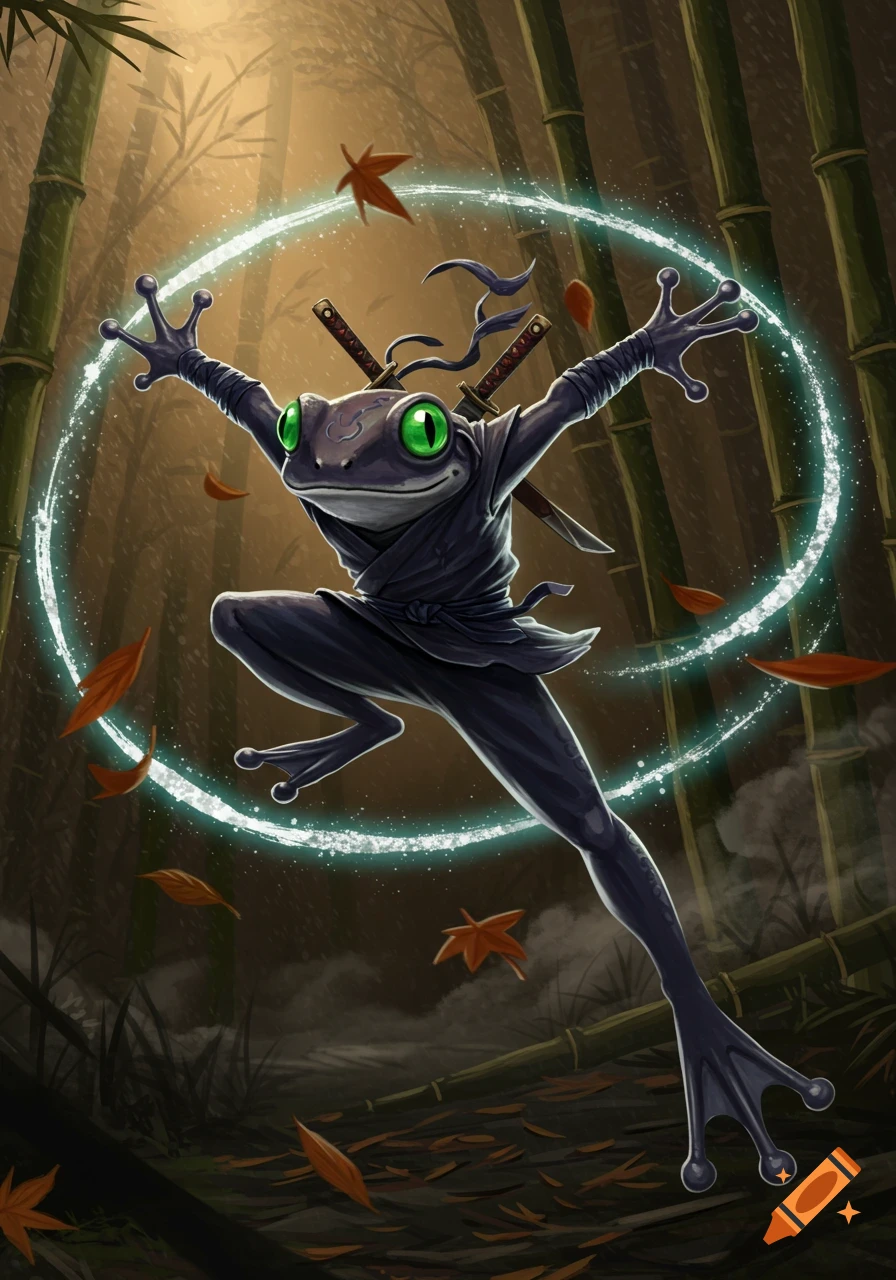 A detailed illustration of a ninja frog with glowing green eyes leaping in a bamboo forest, surrounded by a swirling light ring.