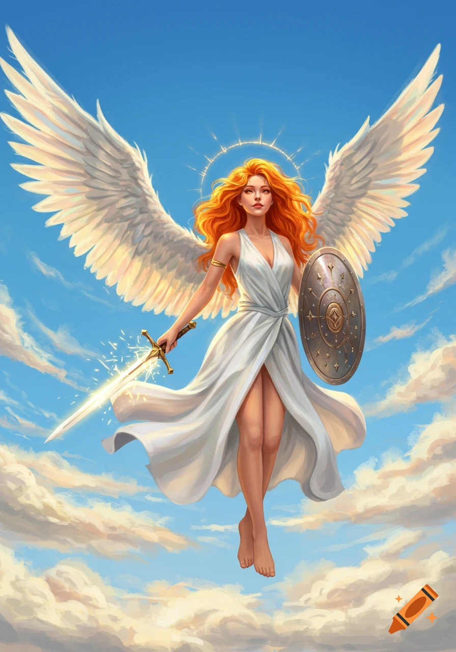 A red-haired angel woman in a white dress with large wings floats in a blue sky, holding a glowing sword and shield.