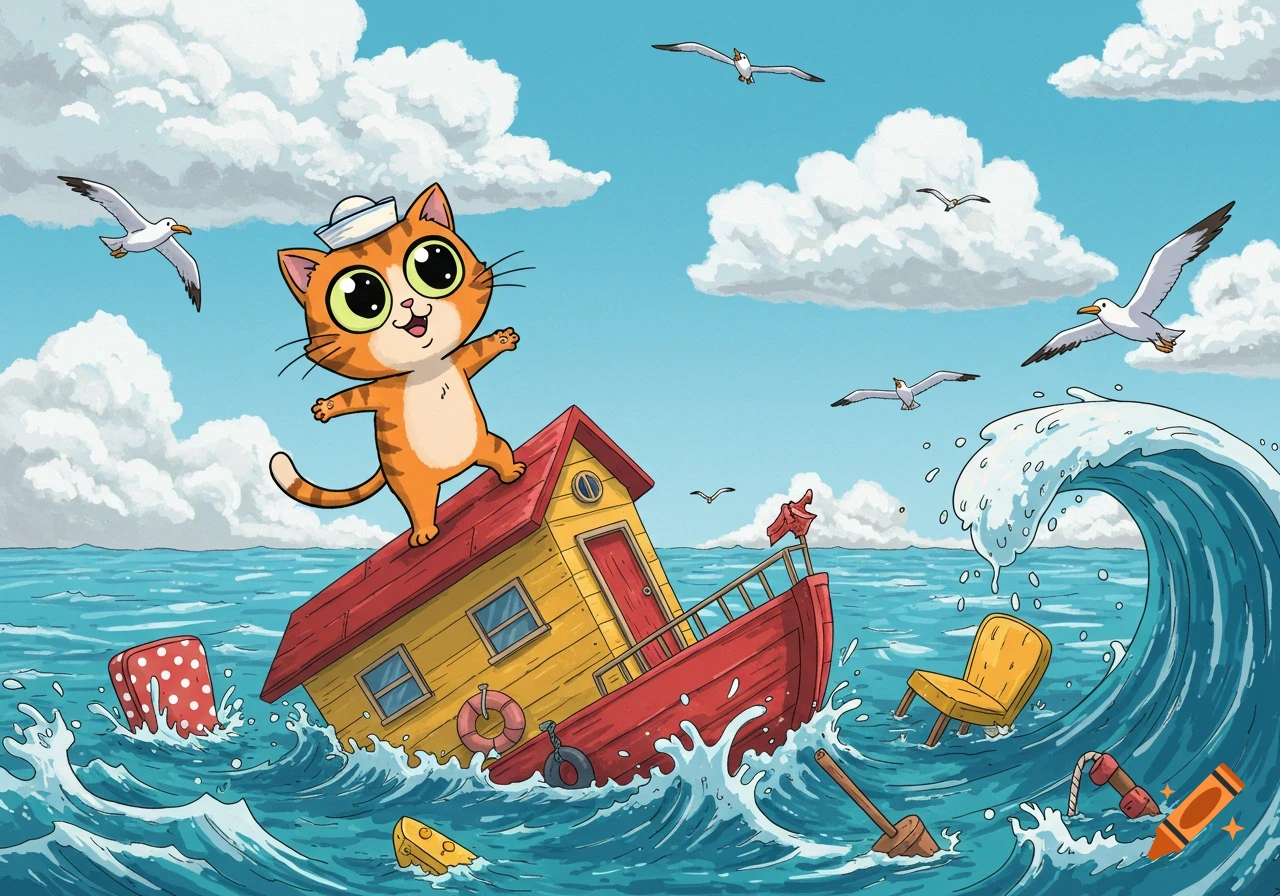 A cheerful cartoon cat in a sailor hat balances on a sinking yellow houseboat in a choppy blue sea with seagulls flying.
