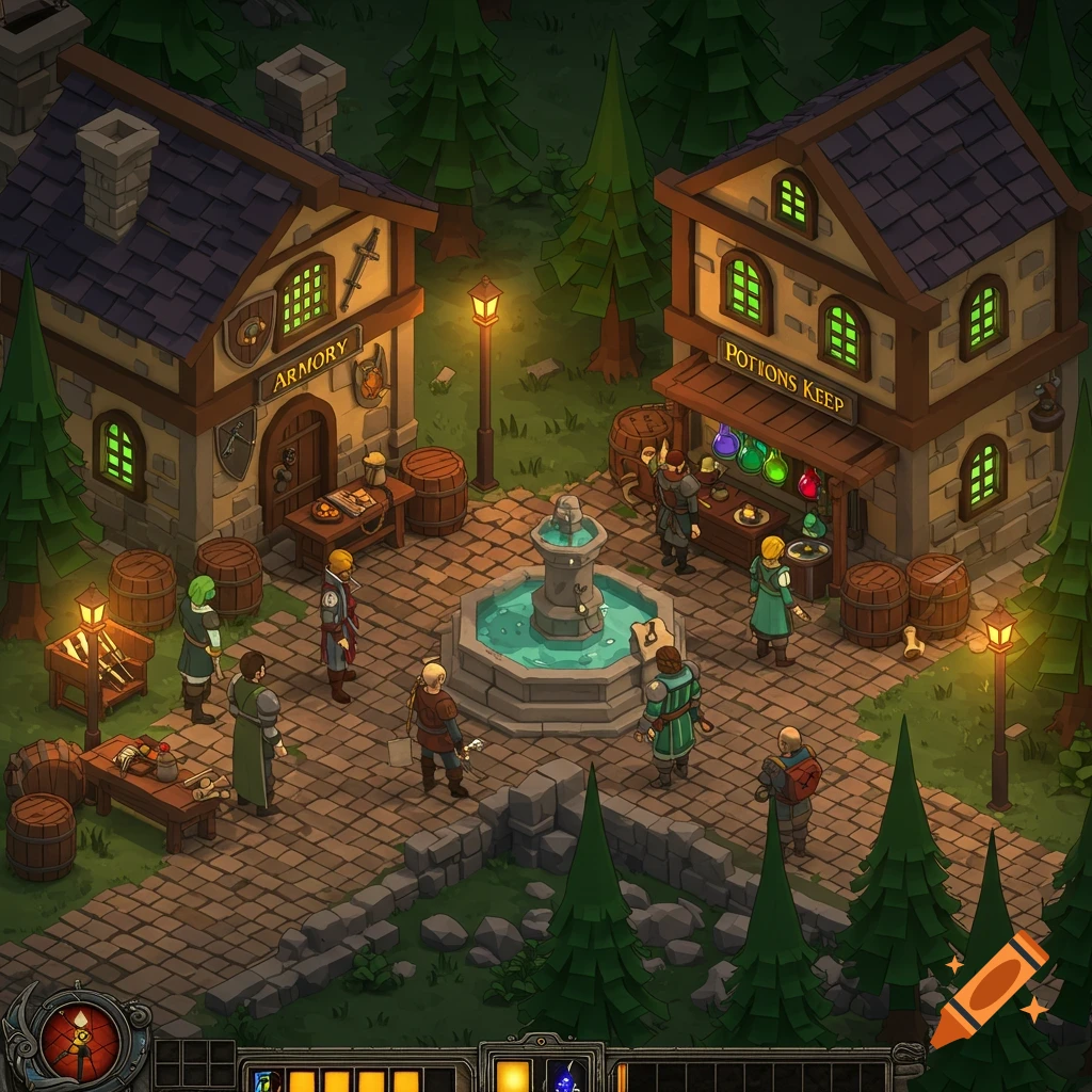 An isometric fantasy town scene featuring an Armory and a Potions Keep, a central fountain, and several adventurers walking on cobblestone paths among pine trees.