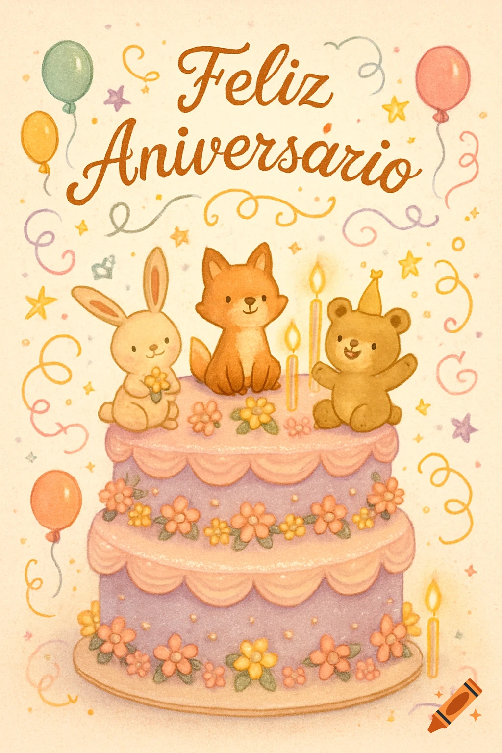 A cute illustration of a three-tier birthday cake with a bunny, fox, and bear on top, surrounded by balloons and confetti. The text "Feliz Aniversário" is at the top.