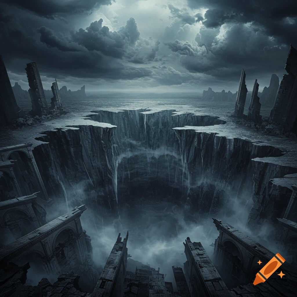 A dark, dramatic landscape featuring a massive abyss surrounded by jagged cliffs and ancient ruins under a stormy sky.