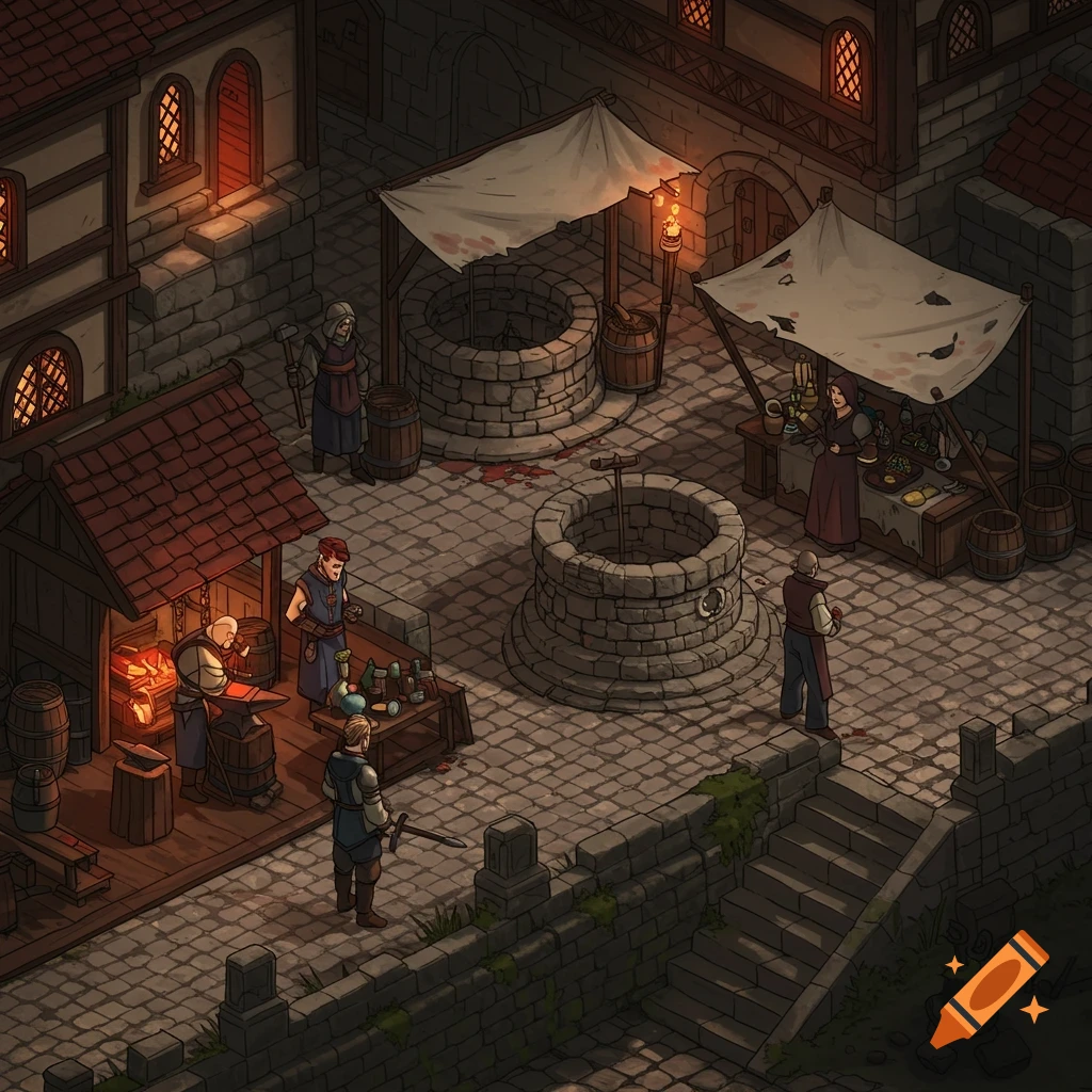 An isometric medieval town square at dusk, showing a blacksmith, a merchant stall, and stone wells, in a game art style.