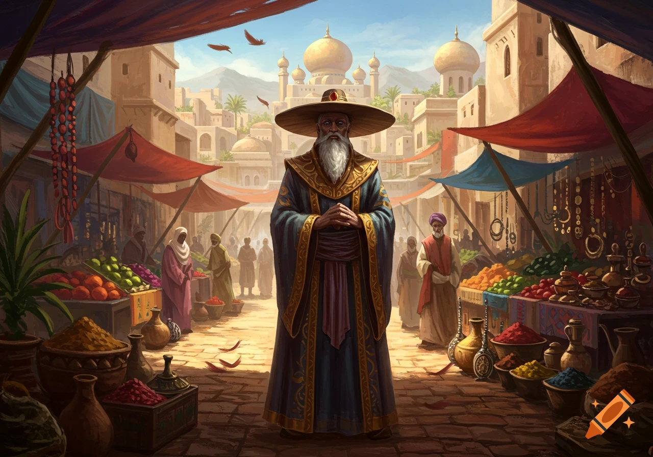 A bearded man in an ornate robe and wide-brimmed hat stands in a bustling, colorful marketplace with domed buildings, in a fantasy art style.