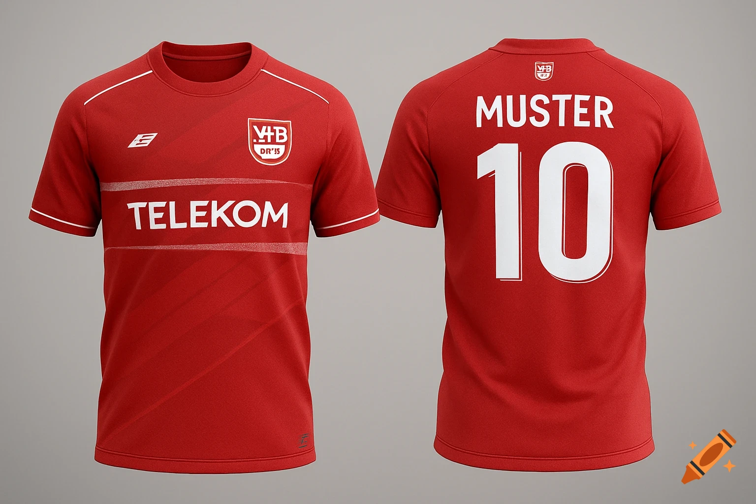 Front and back views of a red football jersey with white trim, a club logo, "TELEKOM" sponsor text, and "MUSTER 10" on the back.