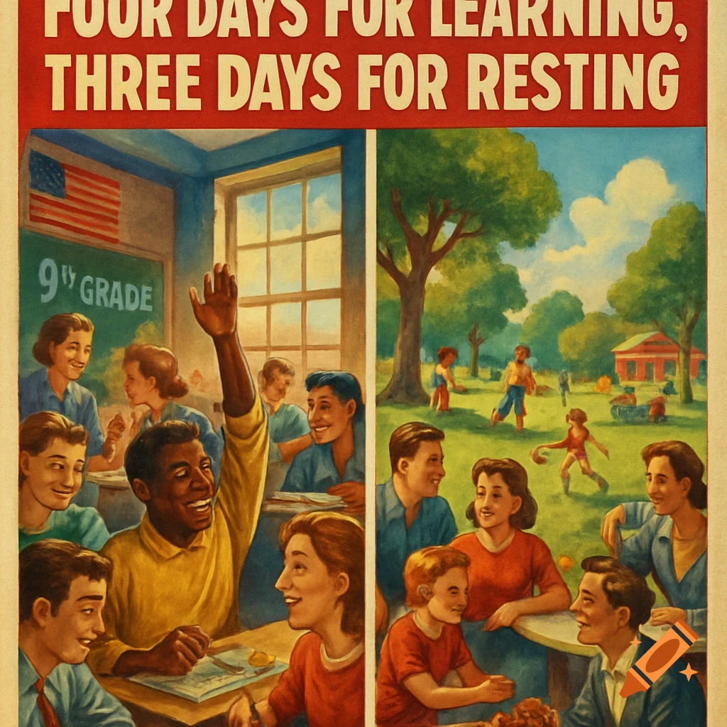 A vintage propaganda poster shows students in a classroom on one side and people relaxing in a park on the other, with the slogan "FOUR DAYS FOR LEARNING, THREE DAYS FOR RESTING."