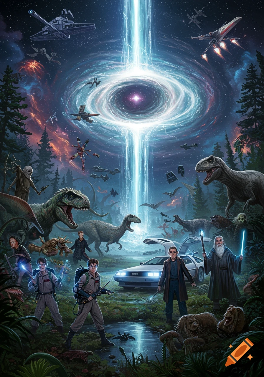 Fantasy sci-fi crossover art of Ghostbusters, Marty McFly, Gandalf, Harry Potter, dinosaurs, and spaceships under a cosmic portal.