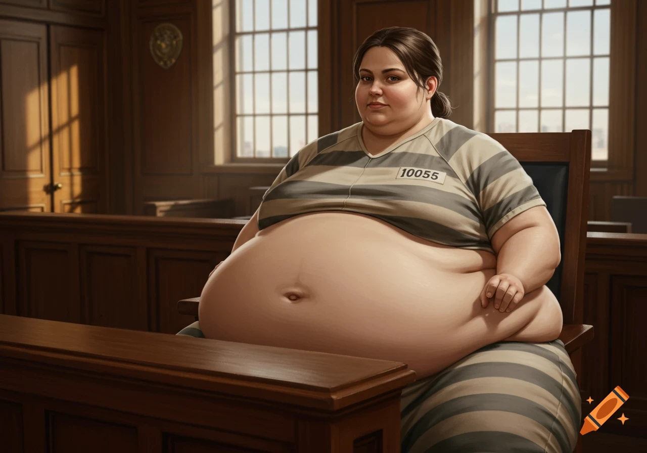 An extremely obese woman with brown hair in a striped prison uniform sits at a wooden table in a courtroom.