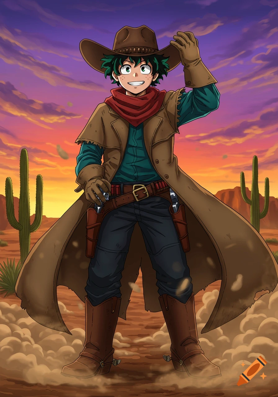 Anime character Deku dressed as a cowboy in a desert with cactuses, tipping his hat under a colorful sunset.