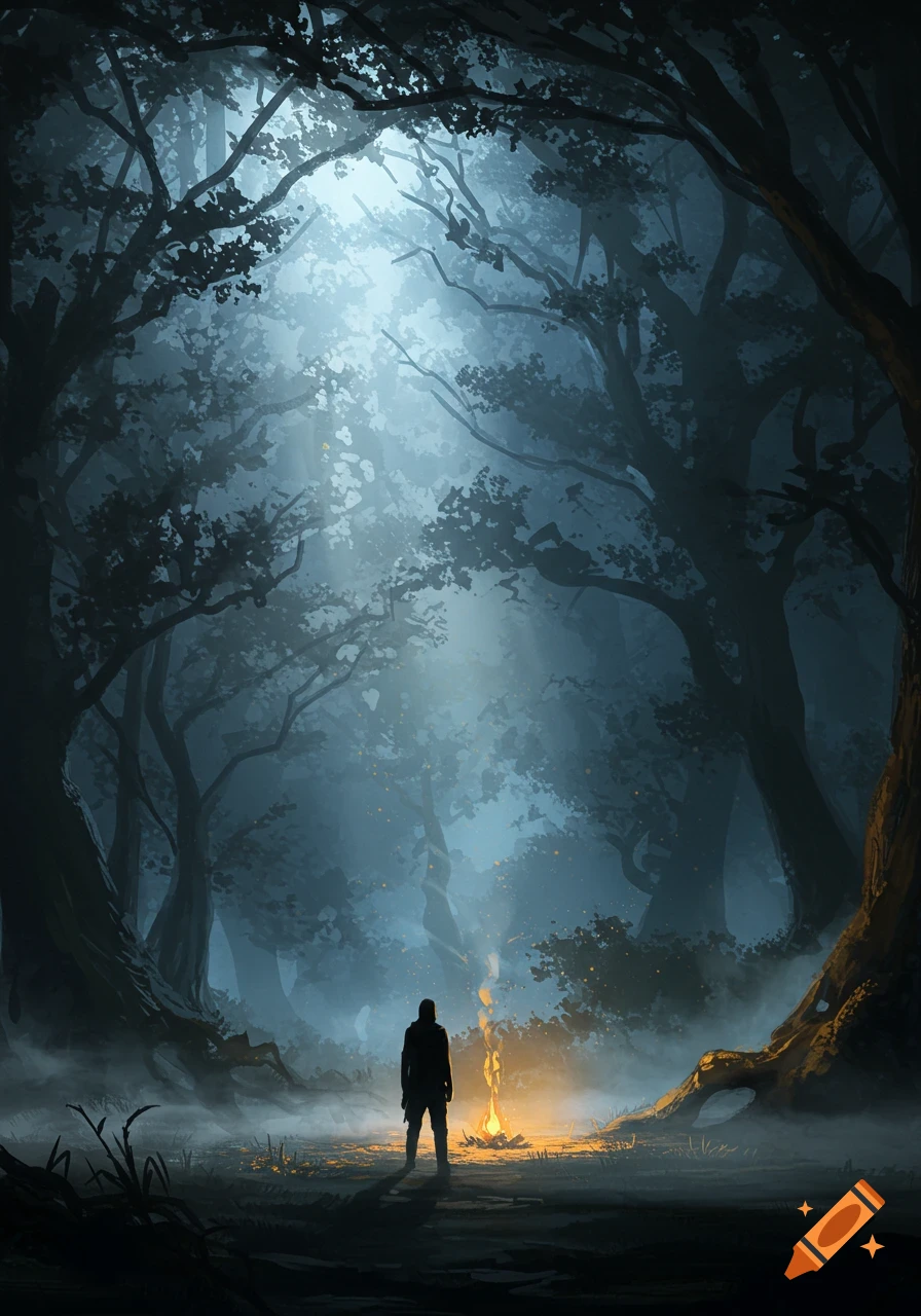 A lone figure stands before a campfire in a dark, misty forest, bathed ...