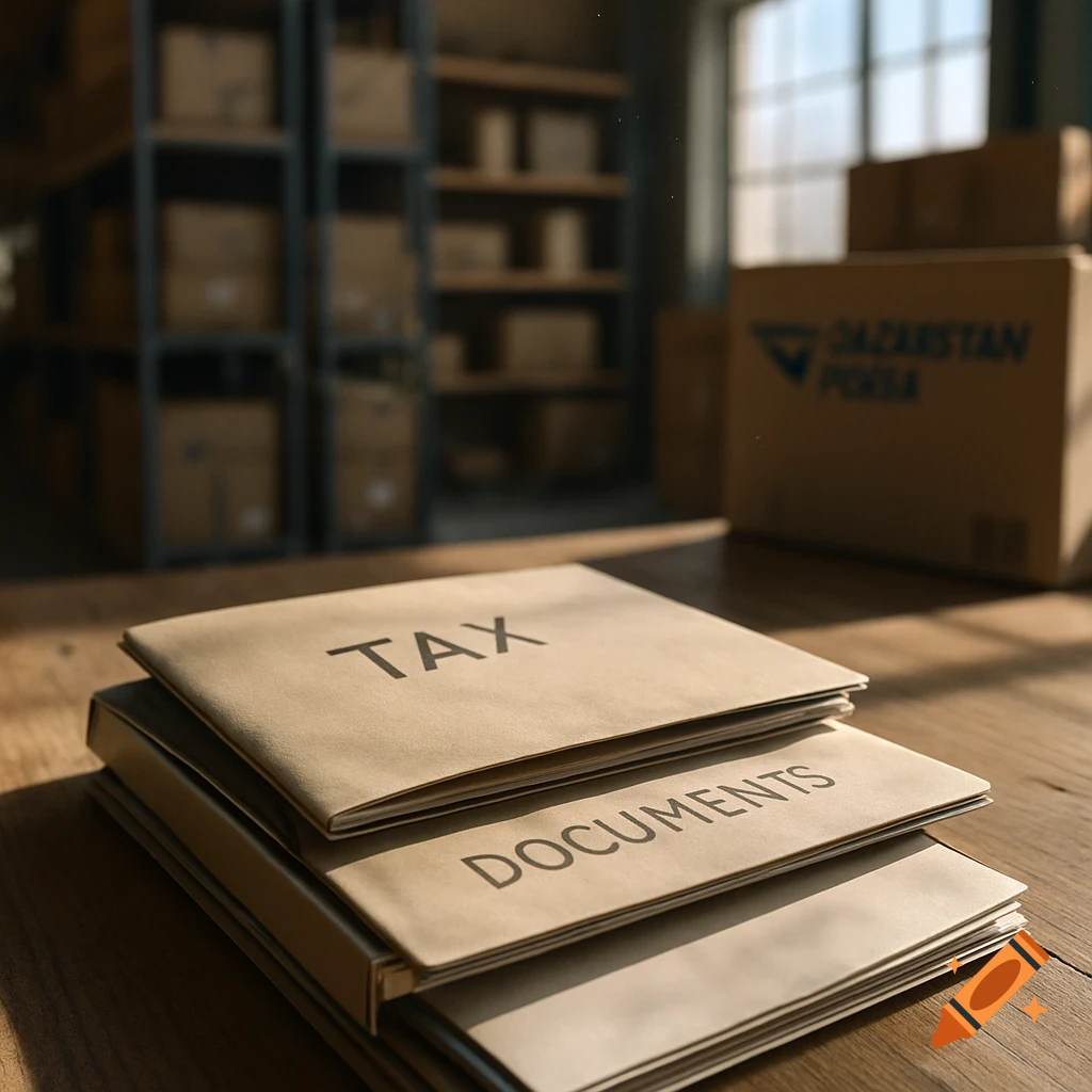 Photorealistic image of folders labeled 'TAX' and 'DOCUMENTS' on a wooden table in a warehouse, with blurred boxes and shelves in the background.