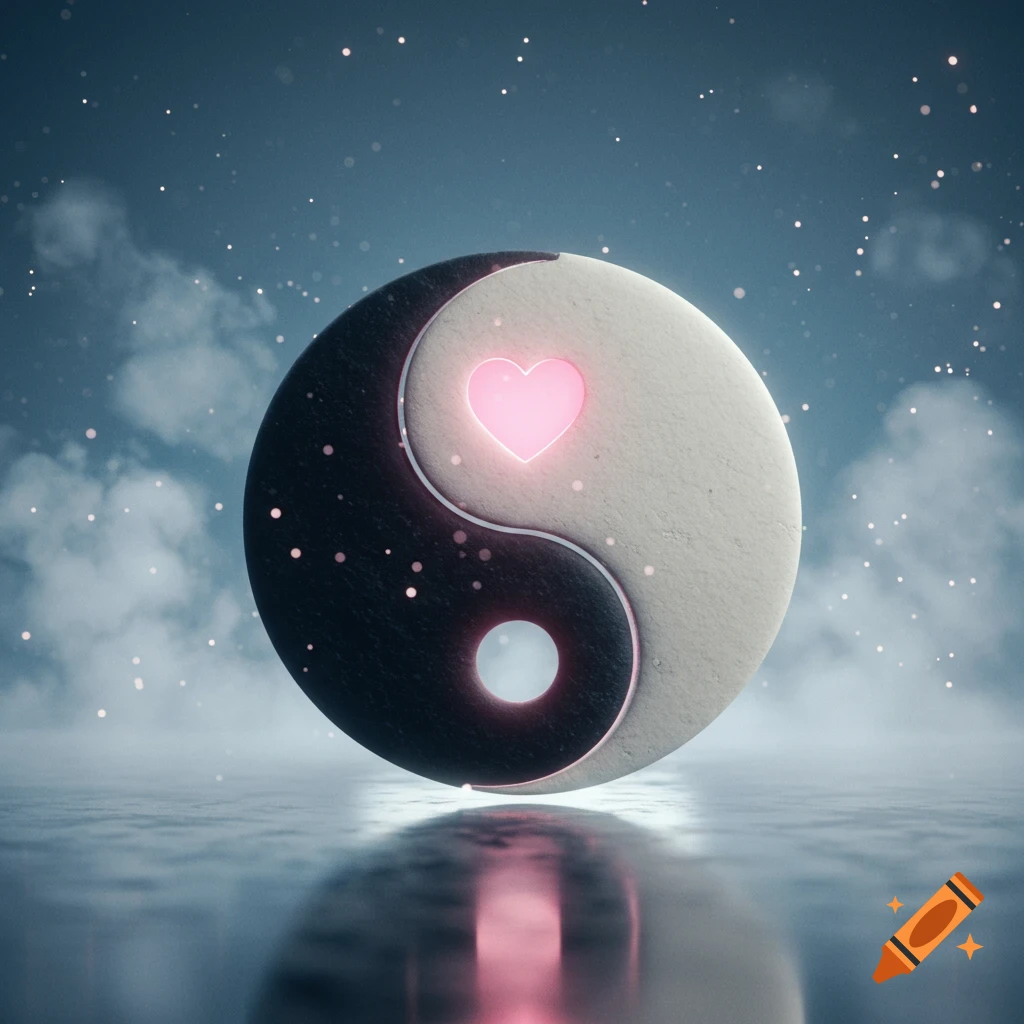 A 3D rendered yin yang symbol featuring a glowing pink heart in the white section, reflected on a water surface under a starry, cloudy night sky.