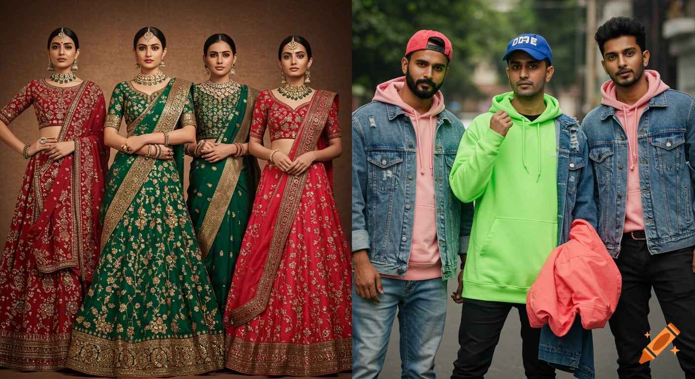 Three Indian women in red and green traditional lehengas and three Indian men in colorful hoodies, denim jackets, and caps.
