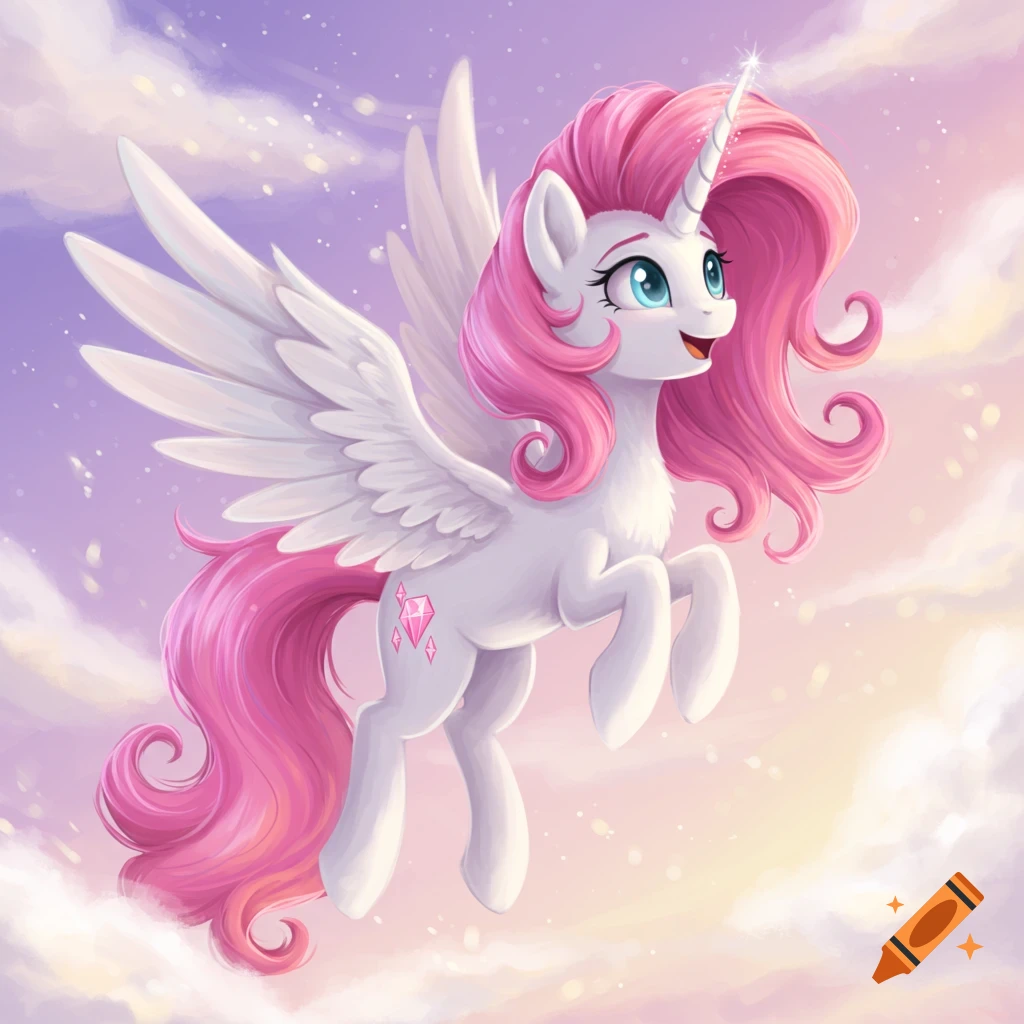 A white pegasus unicorn pony with a flowing pink mane and tail, and light blue eyes, floats in a magical, cloudy, pastel sky.