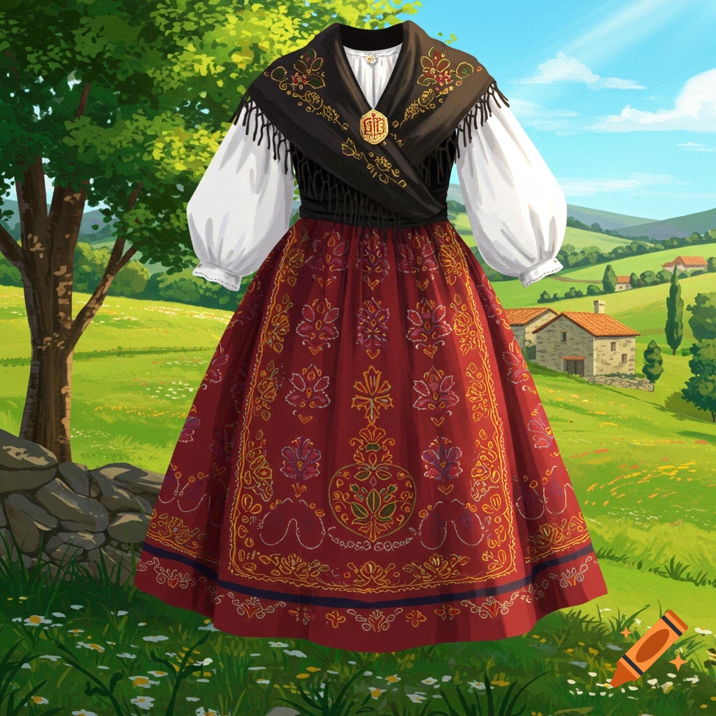 A traditional Asturian costume featuring a red floral skirt, white blouse, and black embroidered shawl in a green rural landscape.