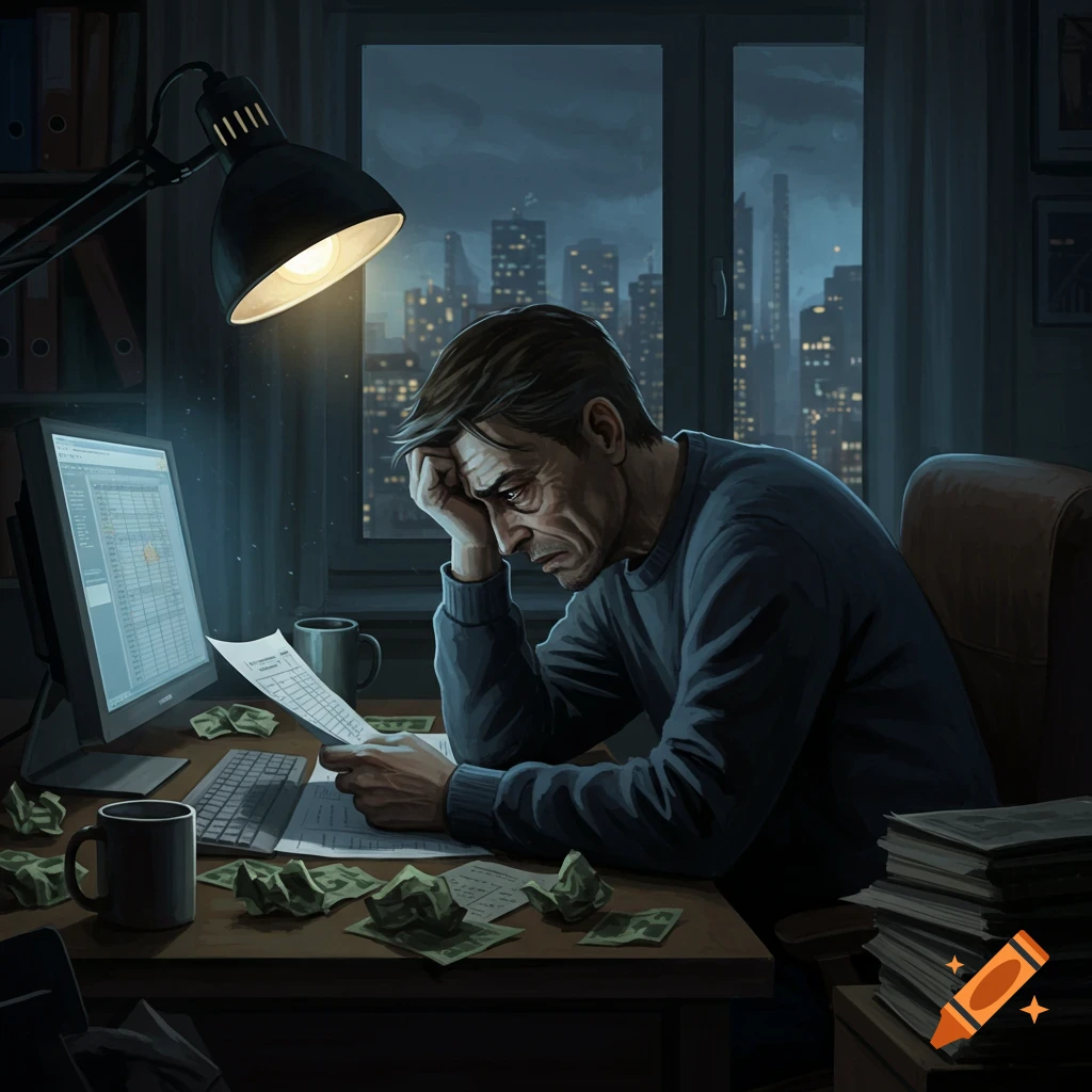 Pained man at a desk at night, looking at papers and a computer screen, with crumpled money, depicting financial struggle.