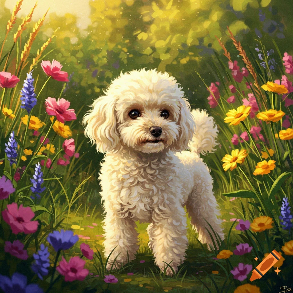 A fluffy white poodle dog stands in a vibrant painted field of colorful ...