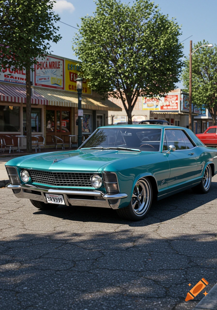 A teal 1966 Buick Riviera with round side lamps is parked on a cracked asphalt street in front of shops with awnings and trees on a sunny day.