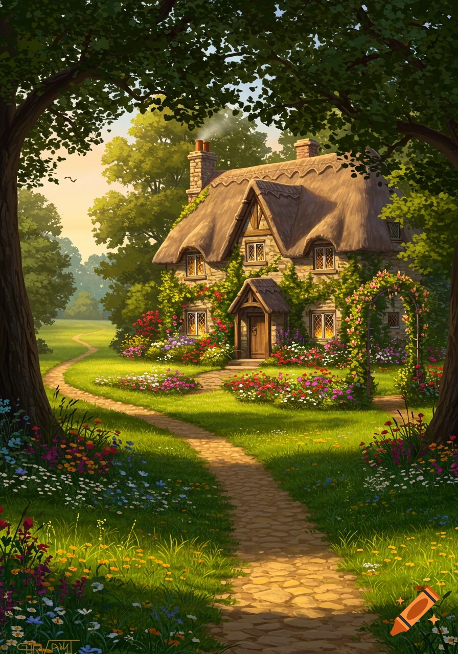 A picturesque, sunlit cottage with a thatched roof, surrounded by a vibrant garden with colorful flowers and a winding stone path.